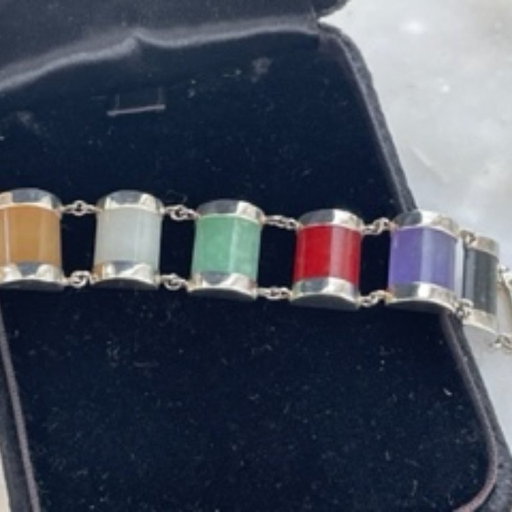 Vintage 1980" bracelet-Sterling silver and Jade gem stones - Picture 4 of 8
